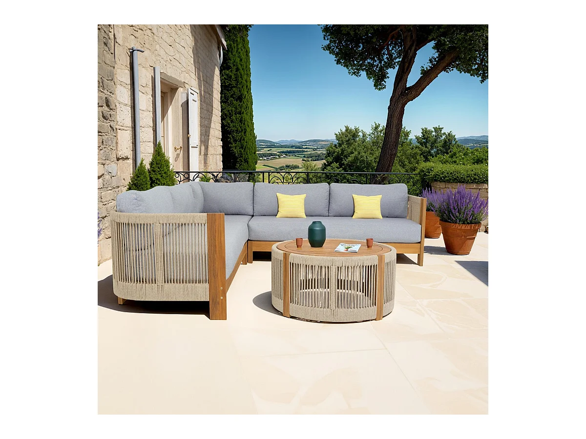 Salon de jardin d'angle 5 places en bois FSC - coussins gris chiné - Praia
