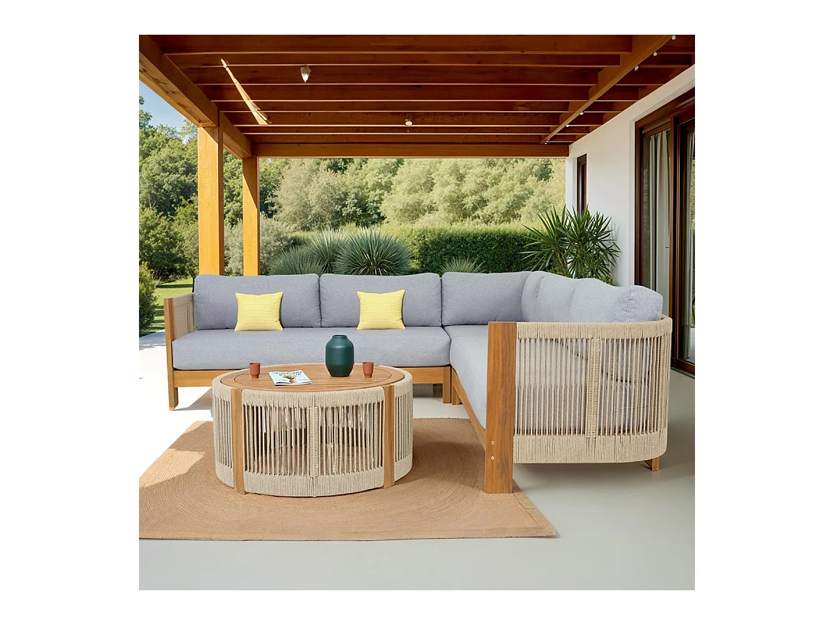 Salon de jardin d'angle 5 places en bois FSC - coussins gris chiné - Praia