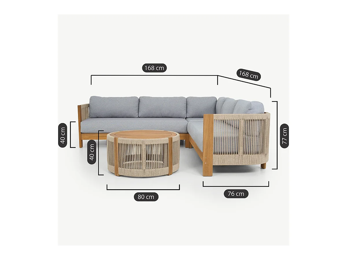 Salon de jardin d'angle 5 places en bois FSC - coussins gris chiné - Praia