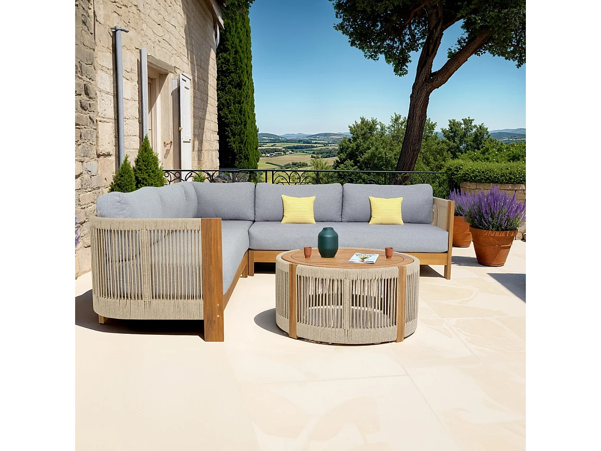 Salon de jardin d'angle 5 places en bois FSC - coussins gris chiné - Praia