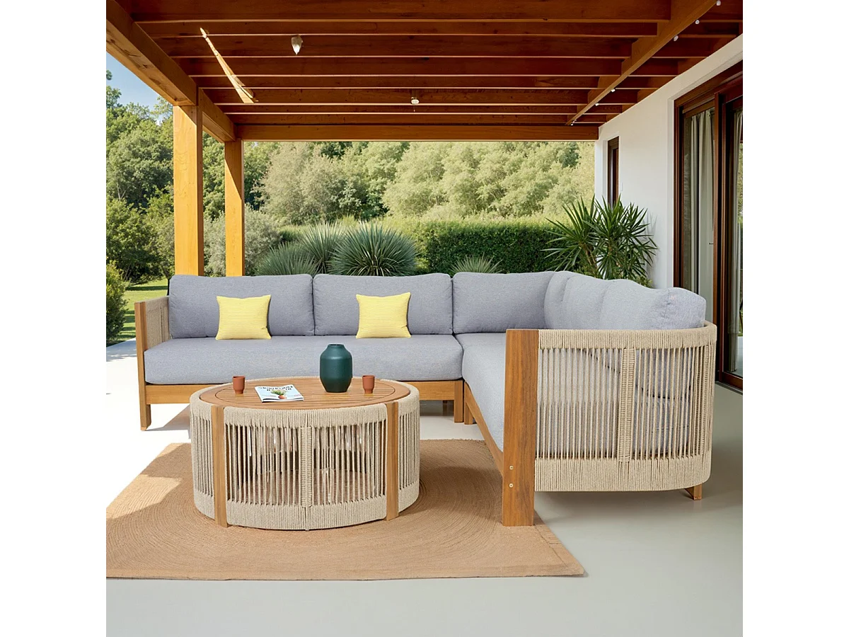 Salon de jardin d'angle 5 places en bois FSC - coussins gris chiné - Praia