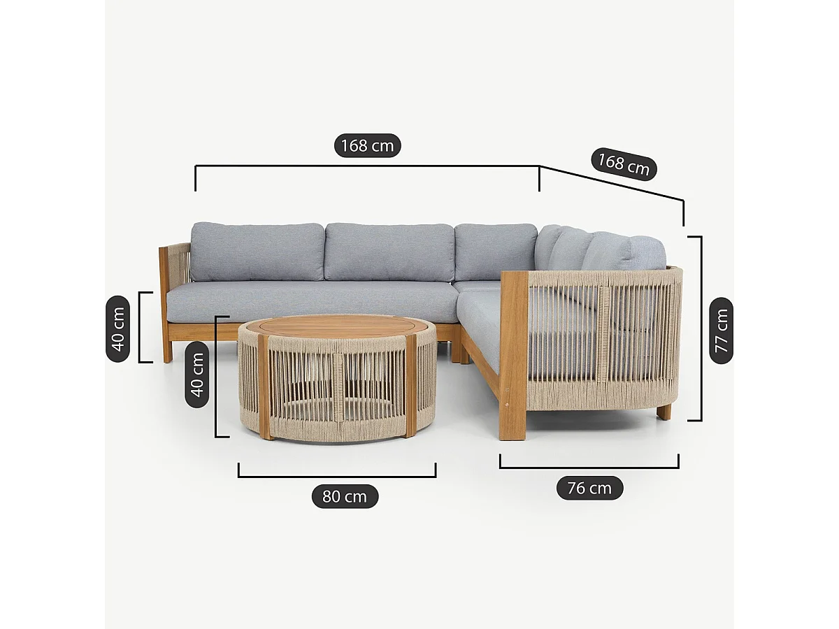 Salon de jardin d'angle 5 places en bois FSC - coussins gris chiné - Praia