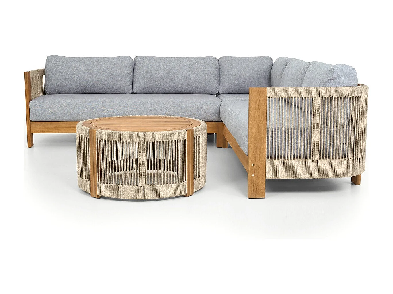 Salon de jardin d'angle 5 places en bois FSC - coussins gris chiné - Praia