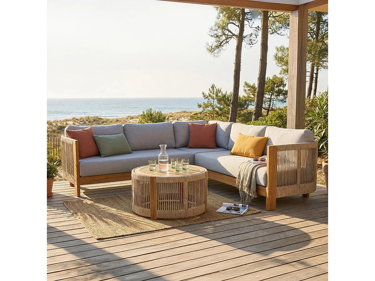 Salon de jardin d'angle 5 places en bois FSC - coussins gris chiné - Praia