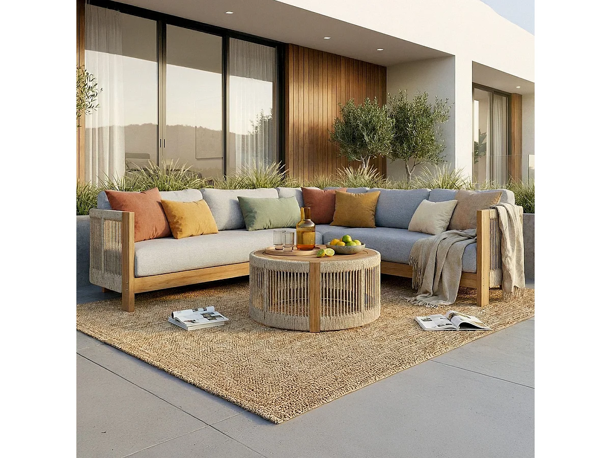 Salon de jardin d'angle 5 places en bois FSC - coussins gris chiné - Praia