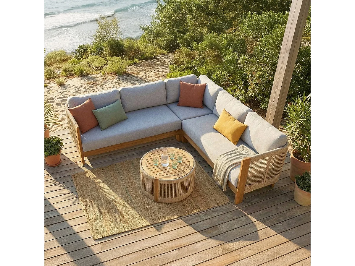 Salon de jardin d'angle 5 places en bois FSC - coussins gris chiné - Praia