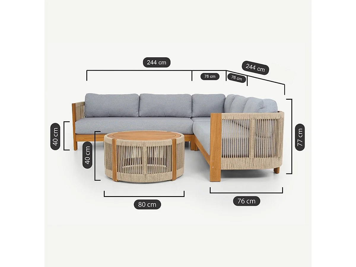 Salon de jardin d'angle 5 places en bois FSC - coussins gris chiné - Praia