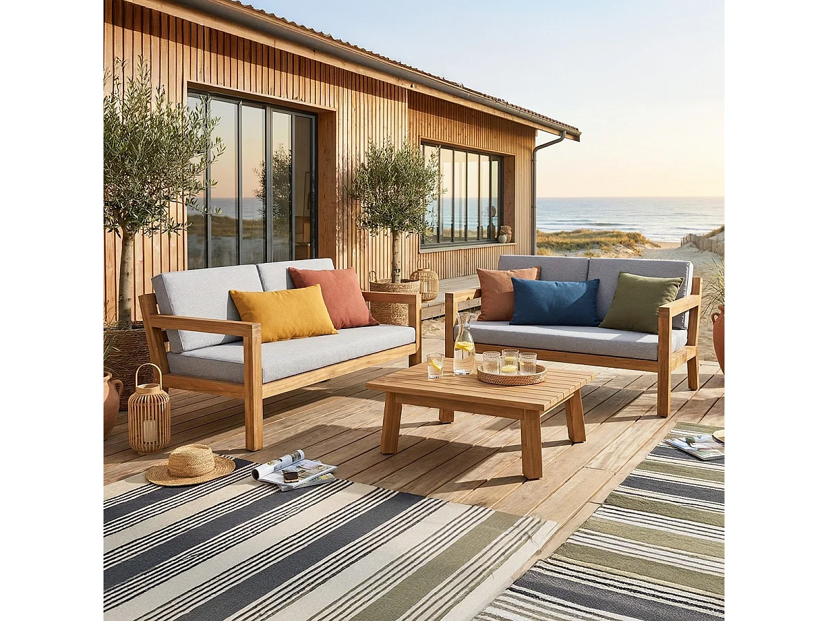 Salon de jardin 4 places en bois FSC - 2 Canapés 2 pl. et table basse - Palau