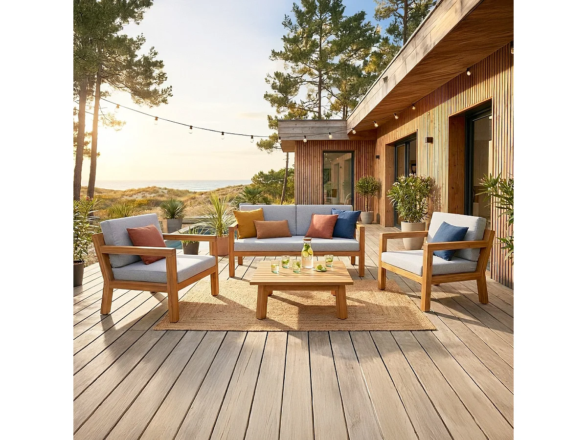 Salon de jardin 4 places en bois FSC - Canapé 2 pl., 2 fauteuils et table basse - Palau