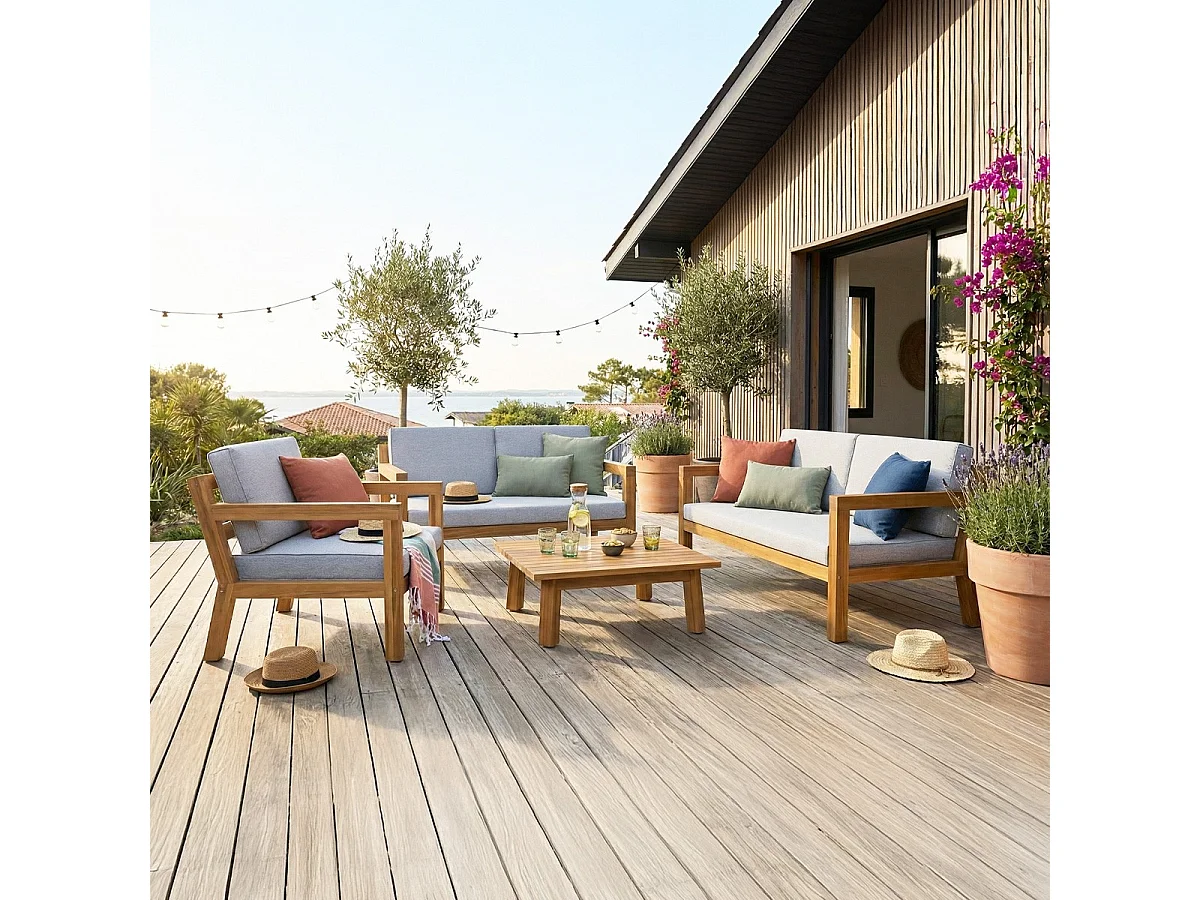 Salon de jardin 5 places en bois FSC - 2 Canapés 2 pl., 1 fauteuil et table basse - Palau