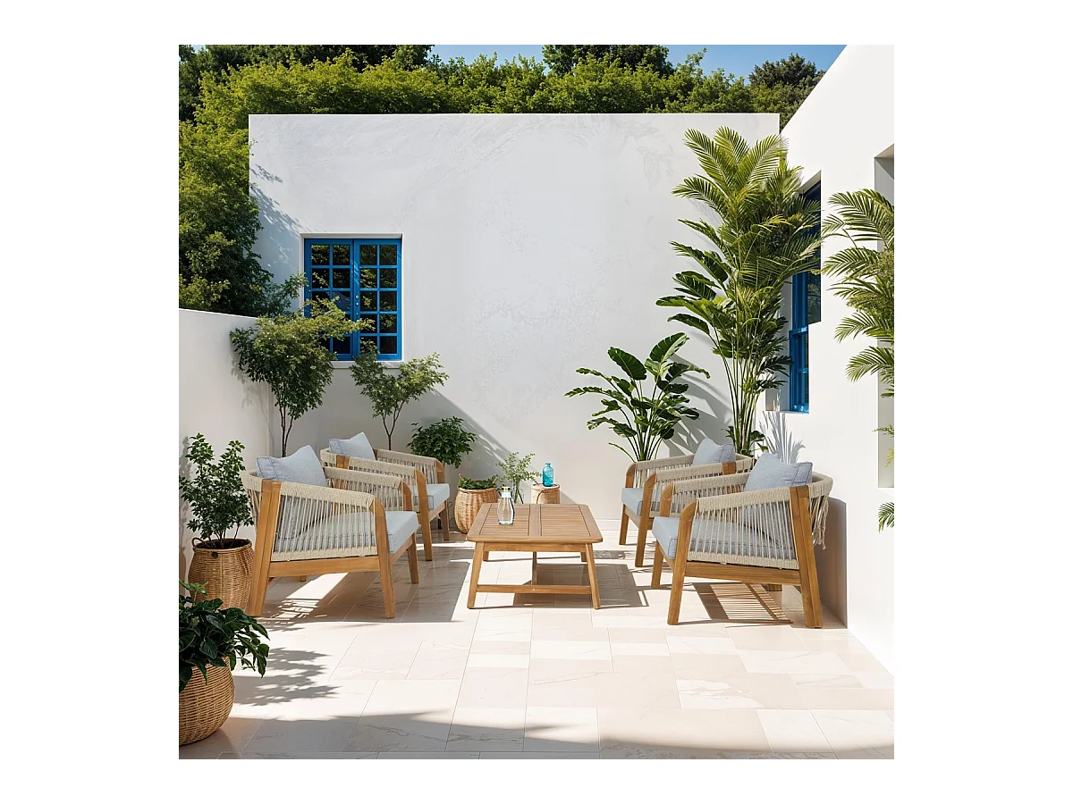 Salon de jardin 4 places en bois FSC - 4 fauteuils et table basse - Symi