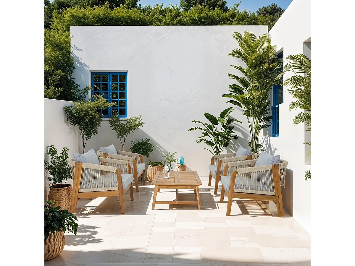 Salon de jardin 4 places en bois FSC - 4 fauteuils et table basse - Symi