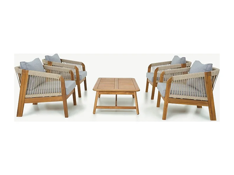 Salon de jardin 4 places en bois FSC - 4 fauteuils et table basse - Symi