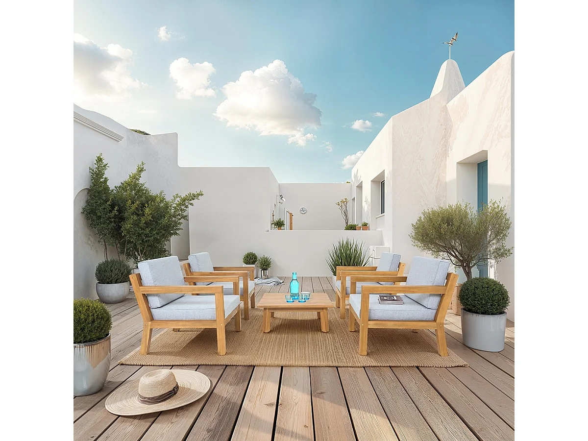 Salon de jardin 4 places en bois FSC - 4 fauteuils et table basse - Palau