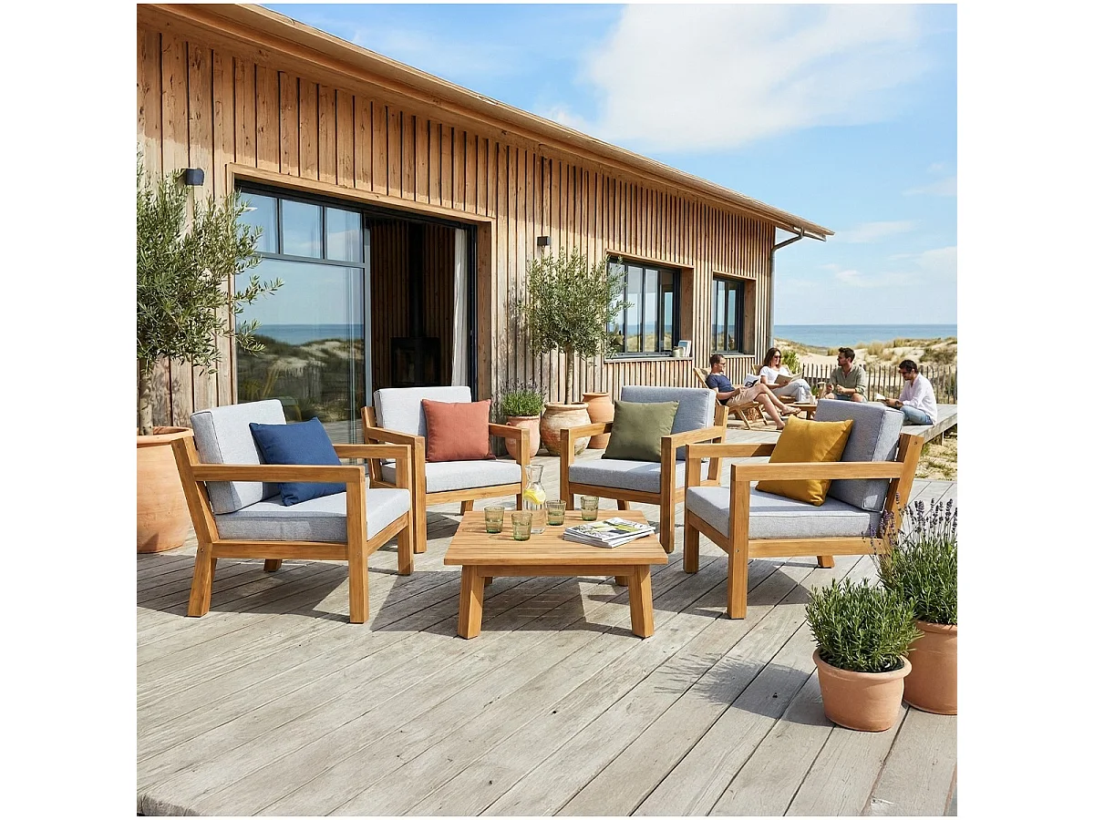 Salon de jardin 4 places en bois FSC - 4 fauteuils et table basse - Palau