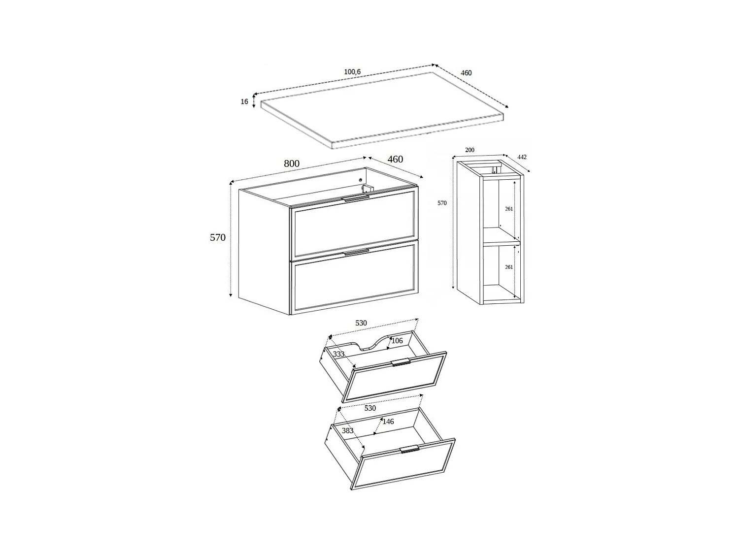 Mueble de baño, Roble Craft / Cachemira, tirador dorado, 100 (80 + 20) x 46 x 57 cm