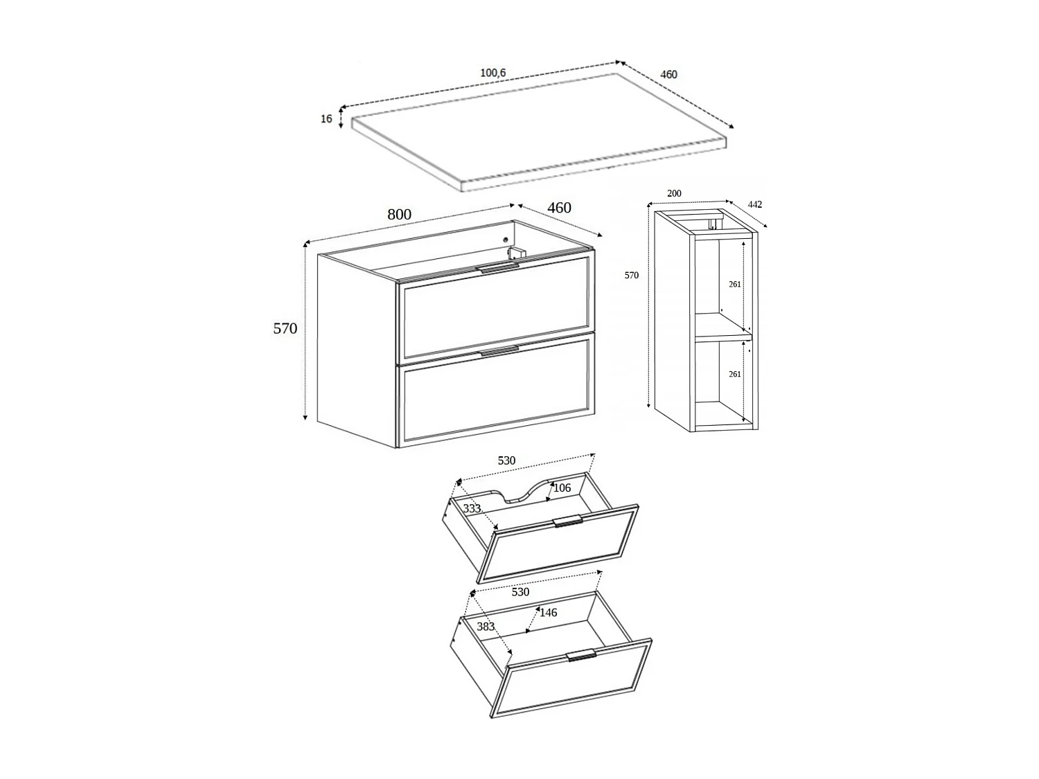BADEZIMMERSCHRANK, Craft-Eiche / Kaschmir, Goldene Griffe, 100 (80 + 20) x 46 x 57 cm
