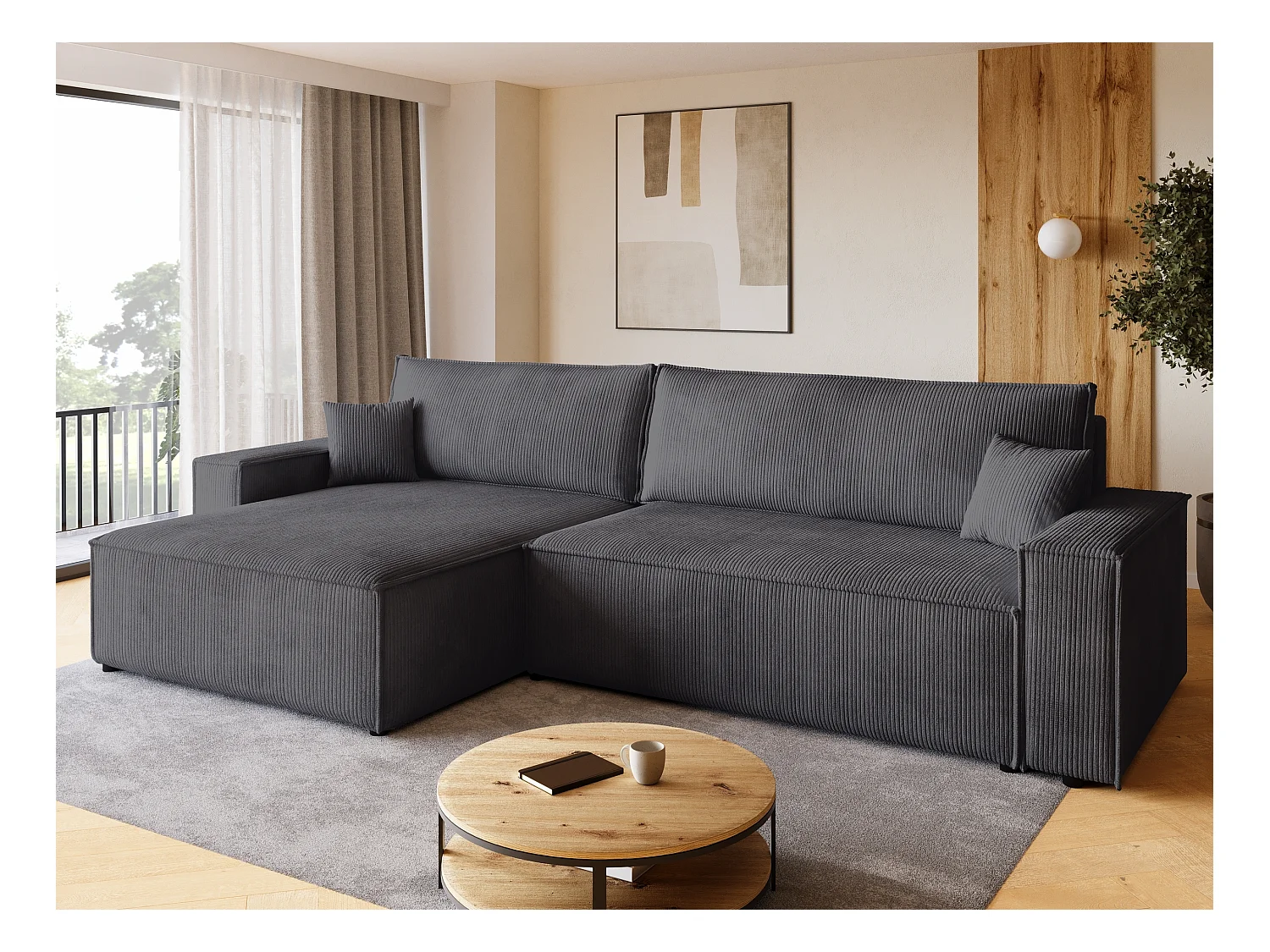 Canapé d'angle convertible en velours côtelé gris ADI XL