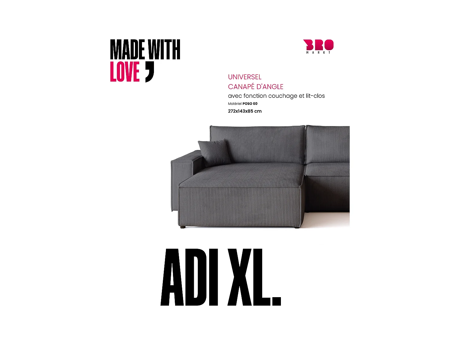Canapé d'angle convertible en velours côtelé gris ADI XL