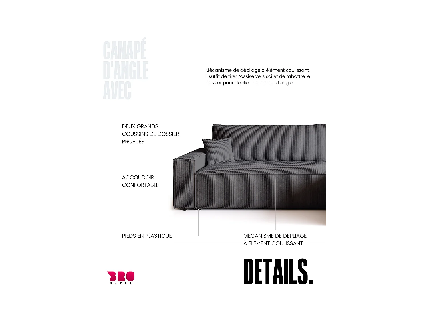 Canapé d'angle convertible en velours côtelé gris ADI XL