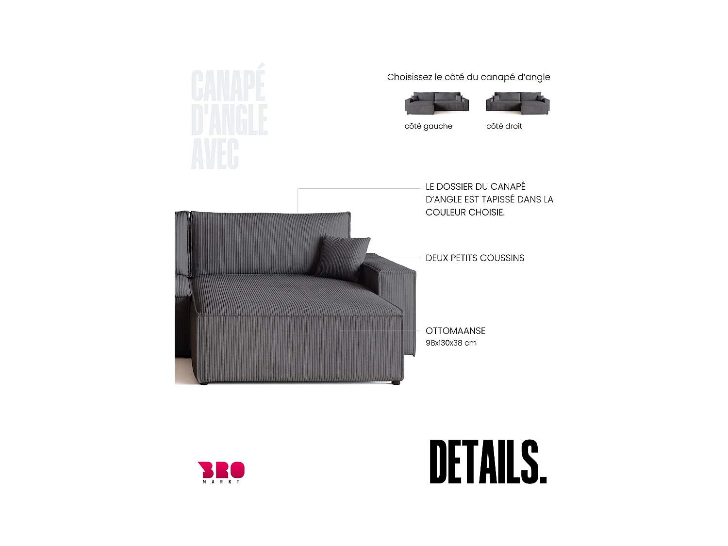 Canapé d'angle convertible en velours côtelé gris ADI XL