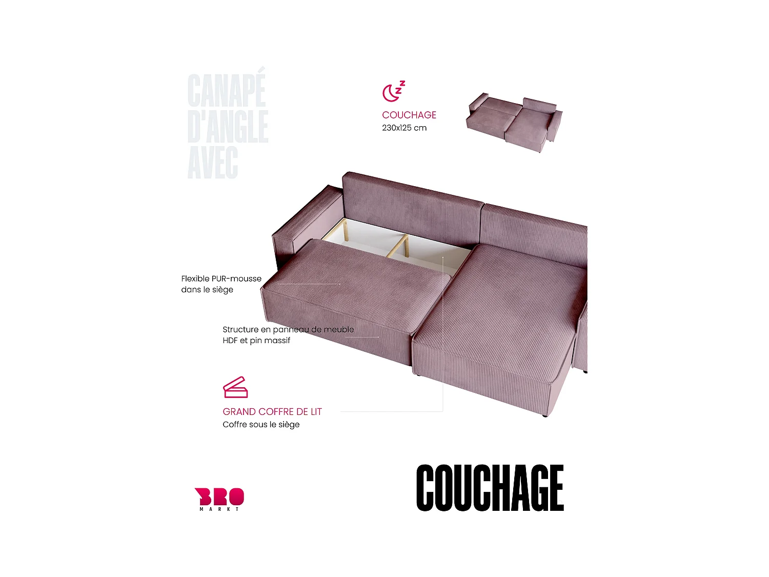 Canapé d'angle convertible en velours côtelé gris ADI XL