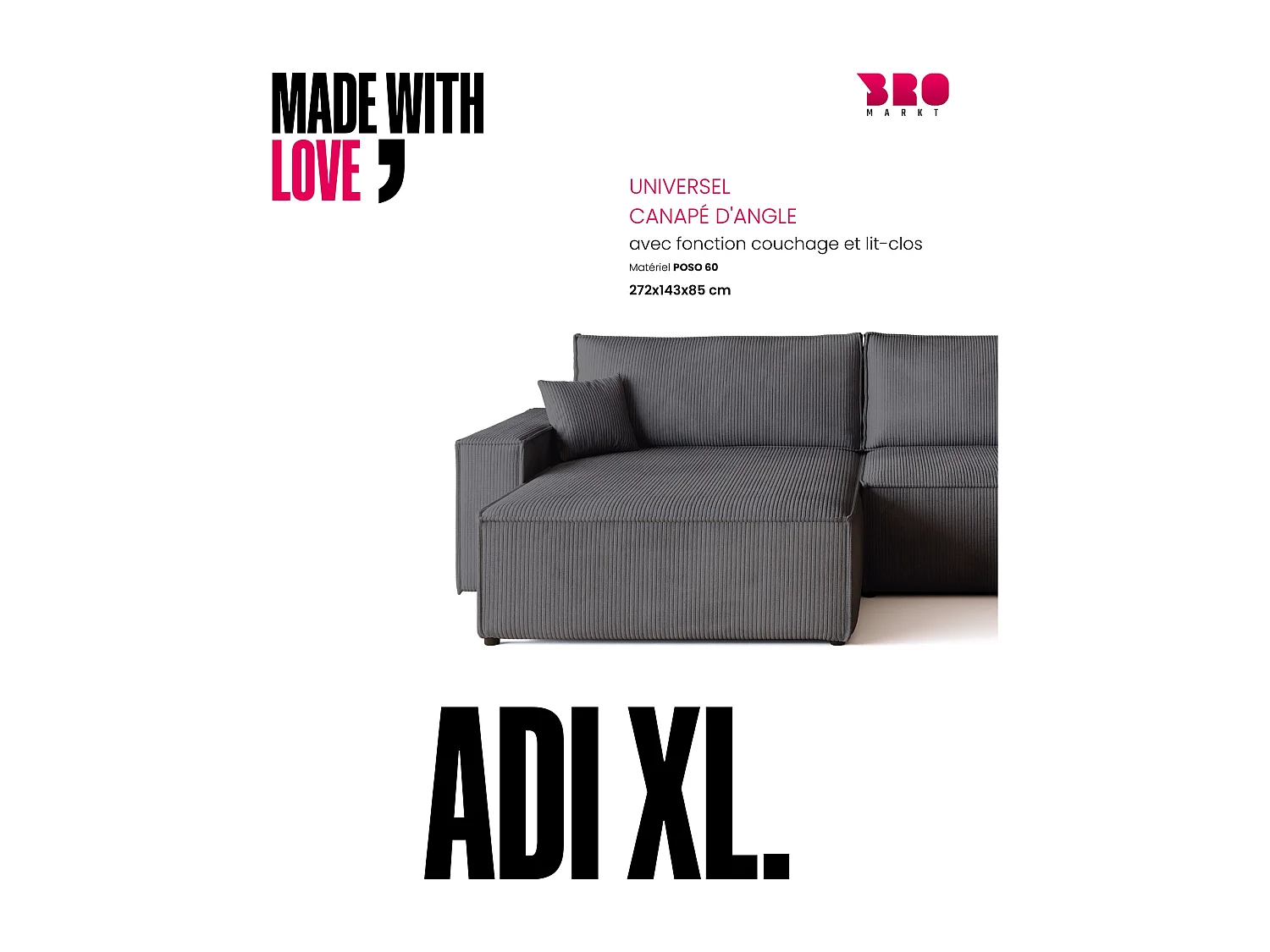 Canapé d'angle convertible en velours côtelé gris ADI XL