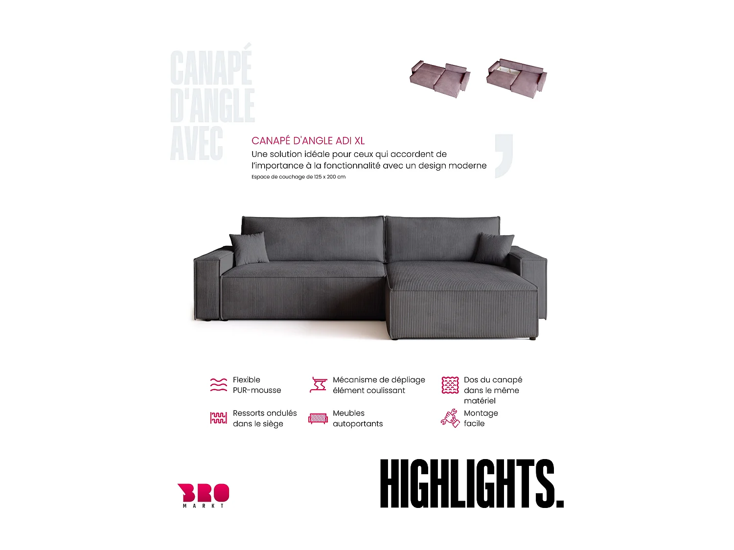 Canapé d'angle convertible en velours côtelé gris ADI XL