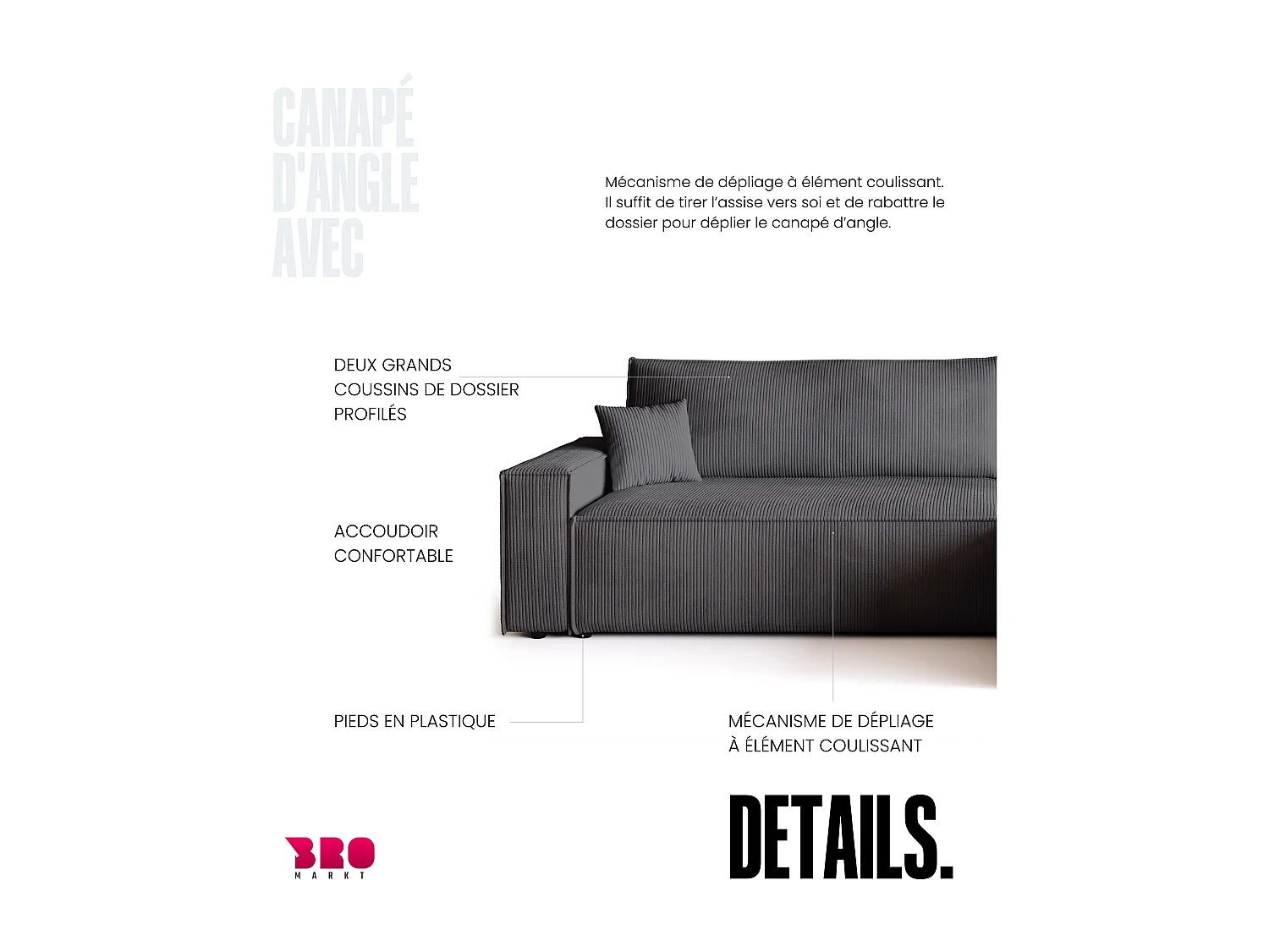 Canapé d'angle convertible en velours côtelé gris ADI XL