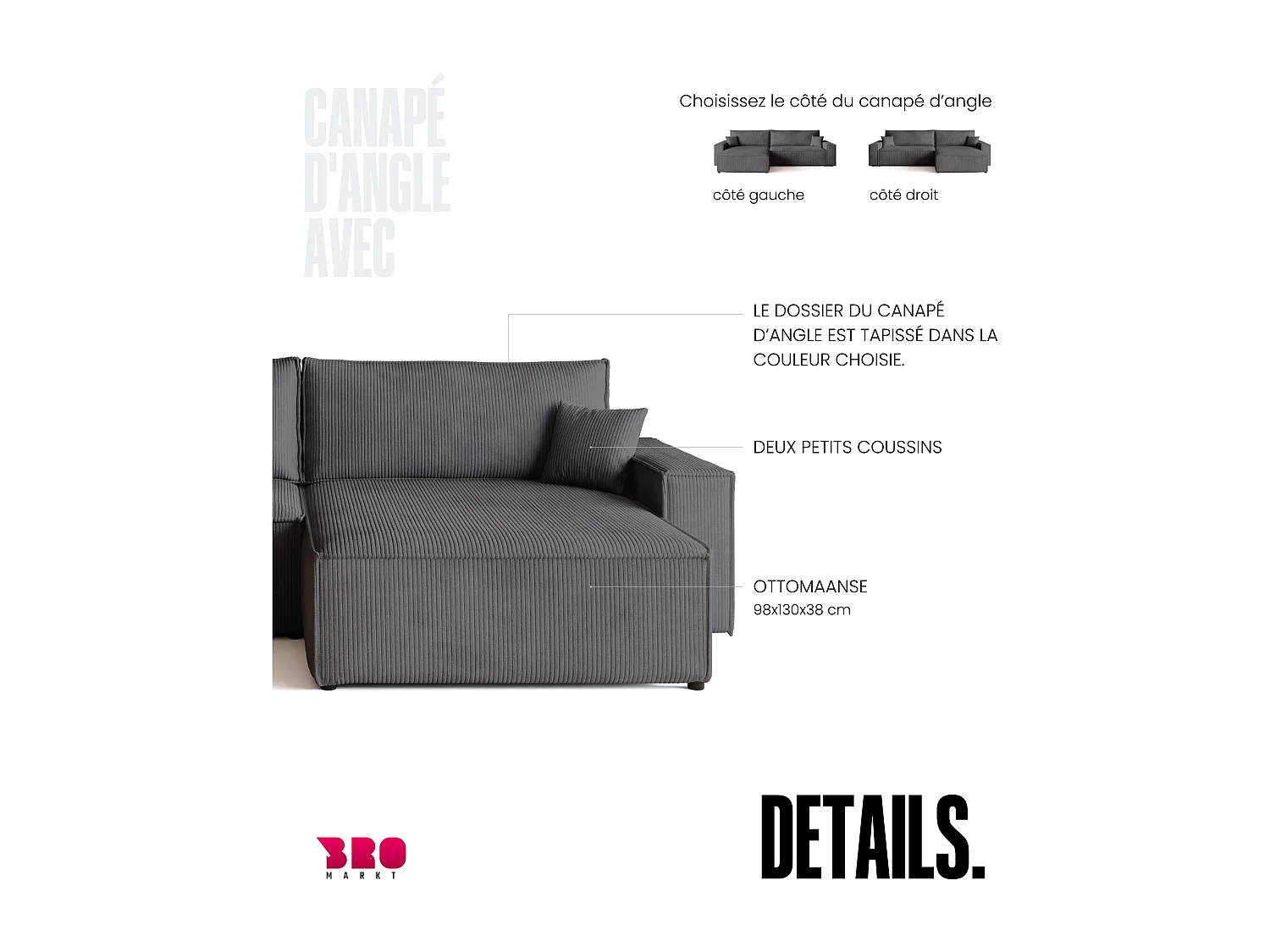 Canapé d'angle convertible en velours côtelé gris ADI XL