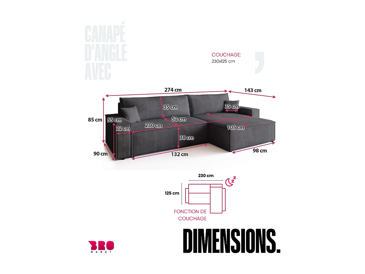 Canapé d'angle convertible en velours côtelé gris ADI XL