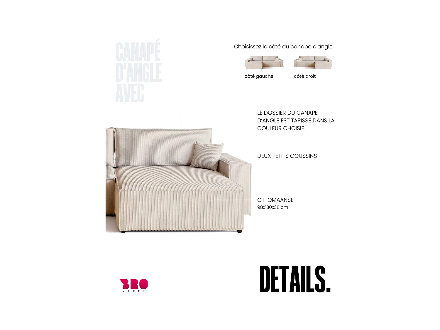 Hoekbank met slaapfunctie vanille ADI XL