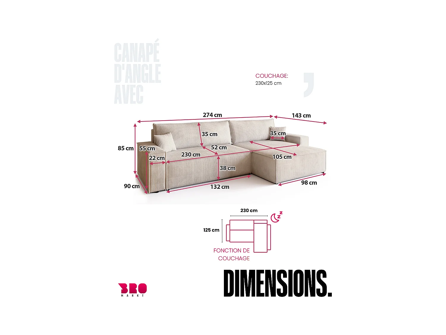 Hoekbank met slaapfunctie vanille ADI XL