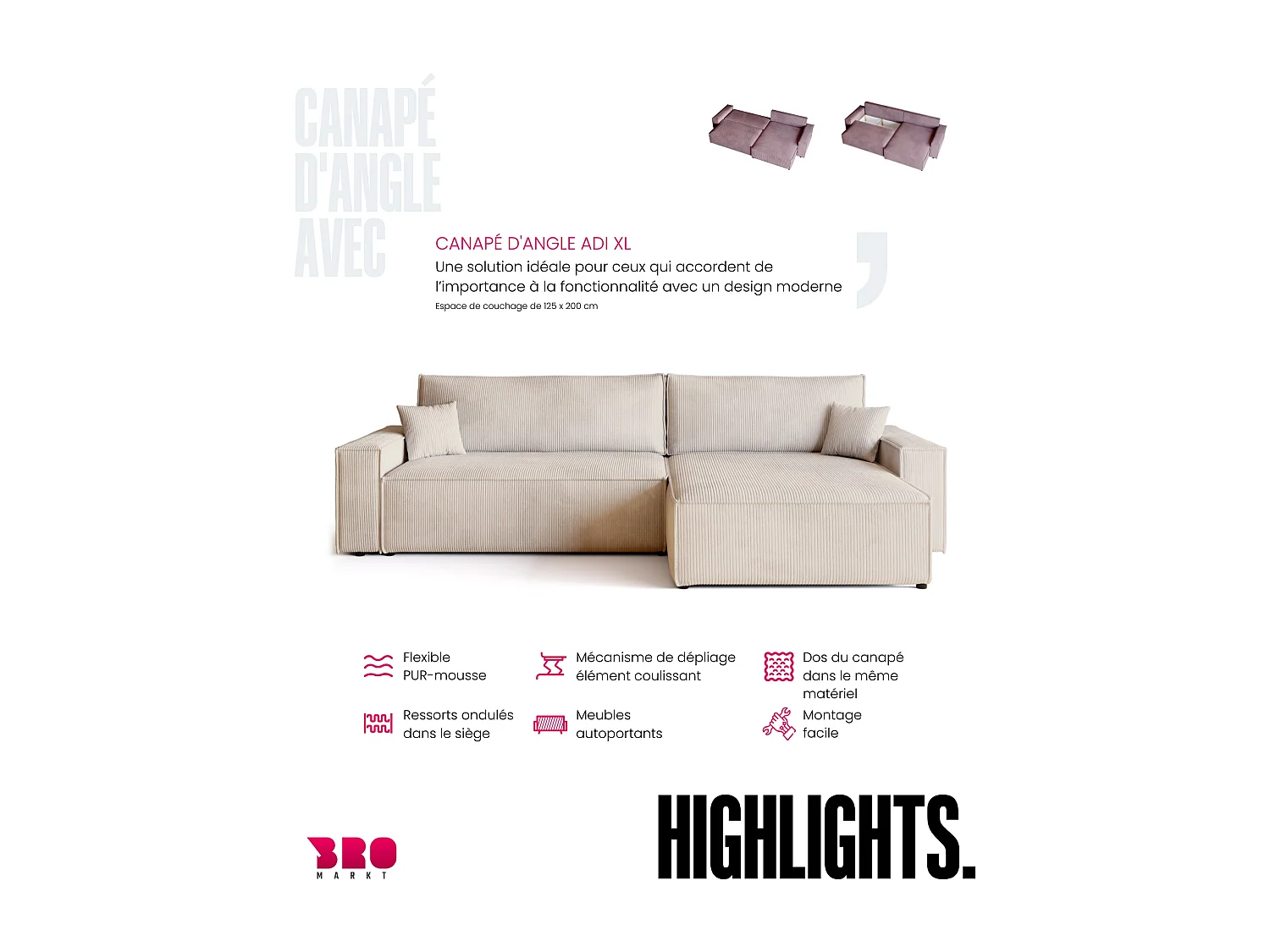 Canapé d'angle convertible en velours côtelé vanille ADI XL