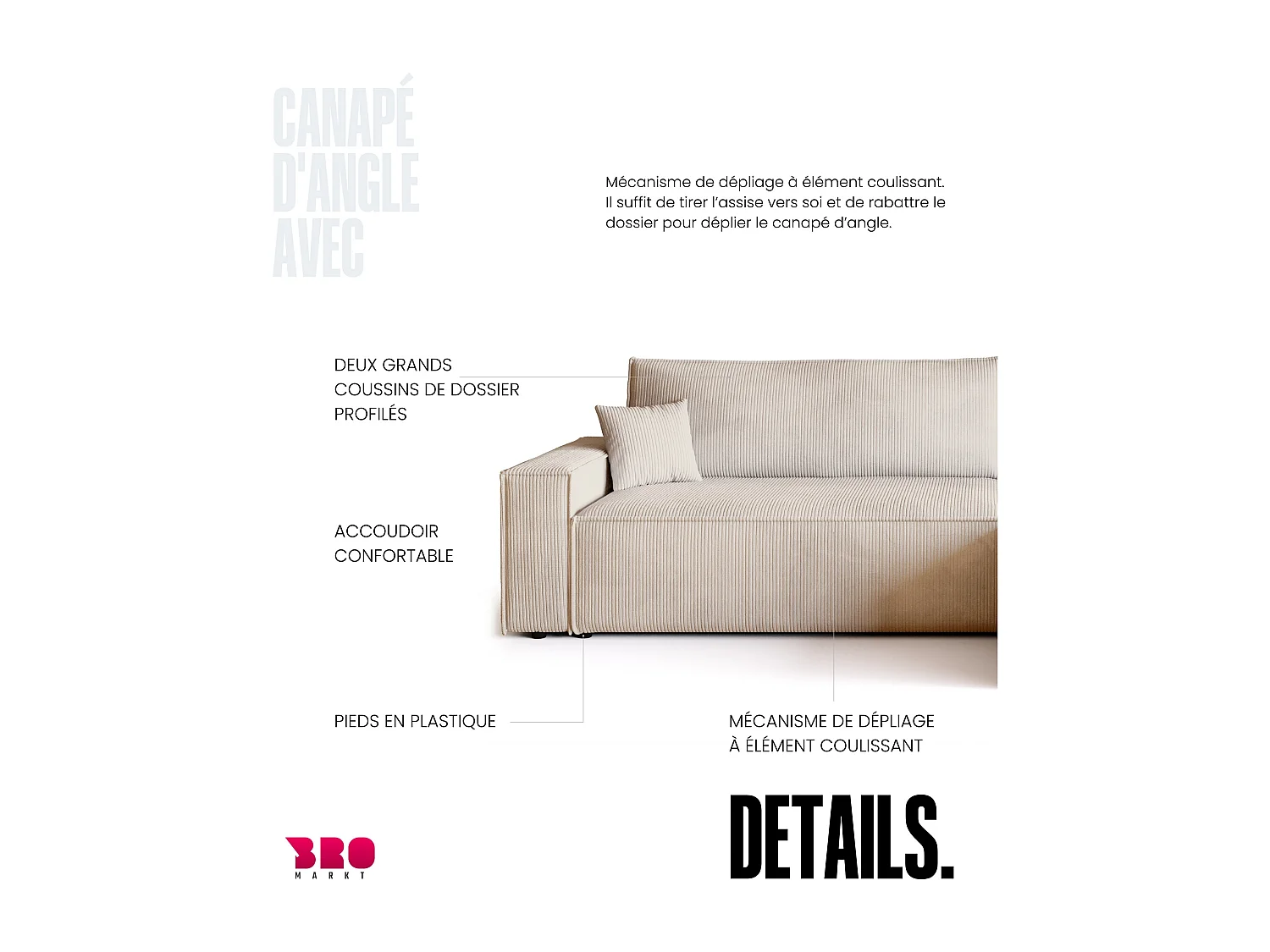 Canapé d'angle convertible en velours côtelé vanille ADI XL