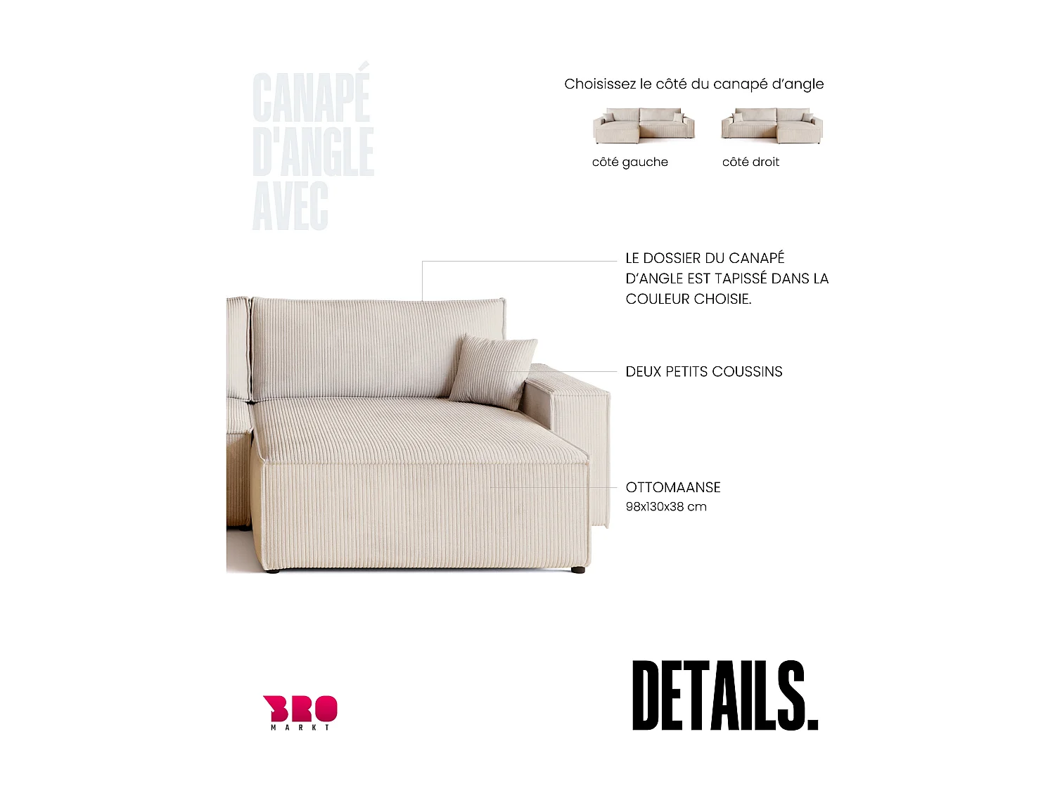 Canapé d'angle convertible en velours côtelé vanille ADI XL