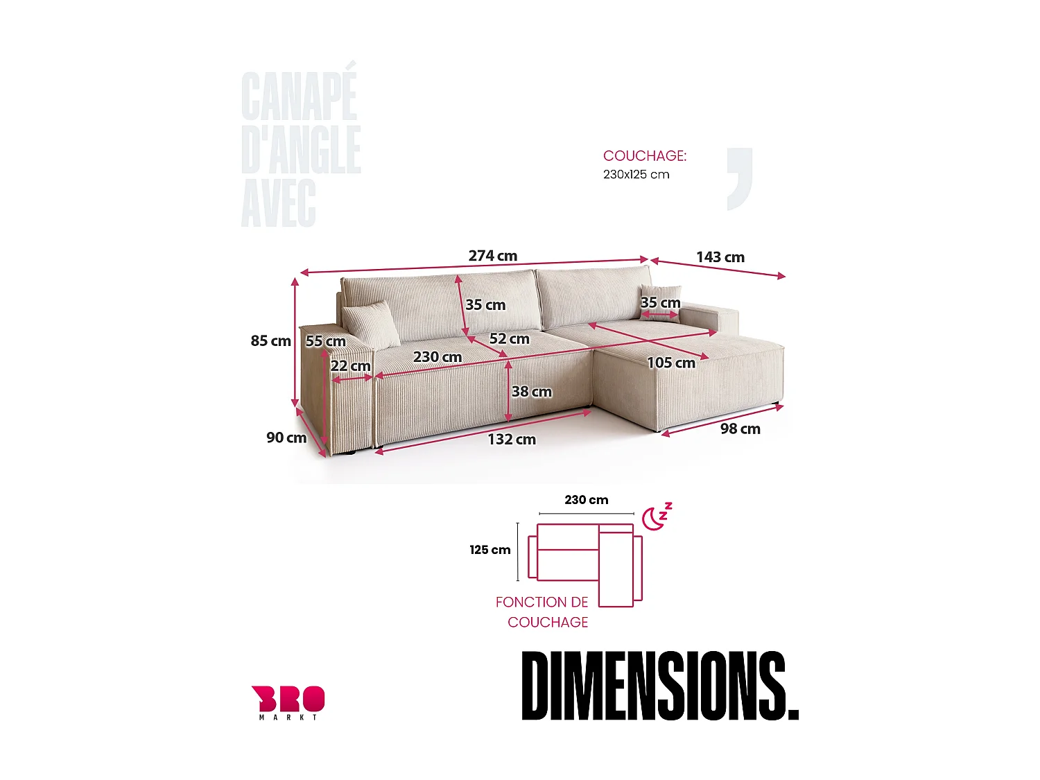 Canapé d'angle convertible en velours côtelé vanille ADI XL