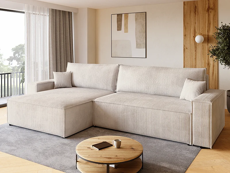 Canapé d'angle convertible en velours côtelé vanille ADI XL
