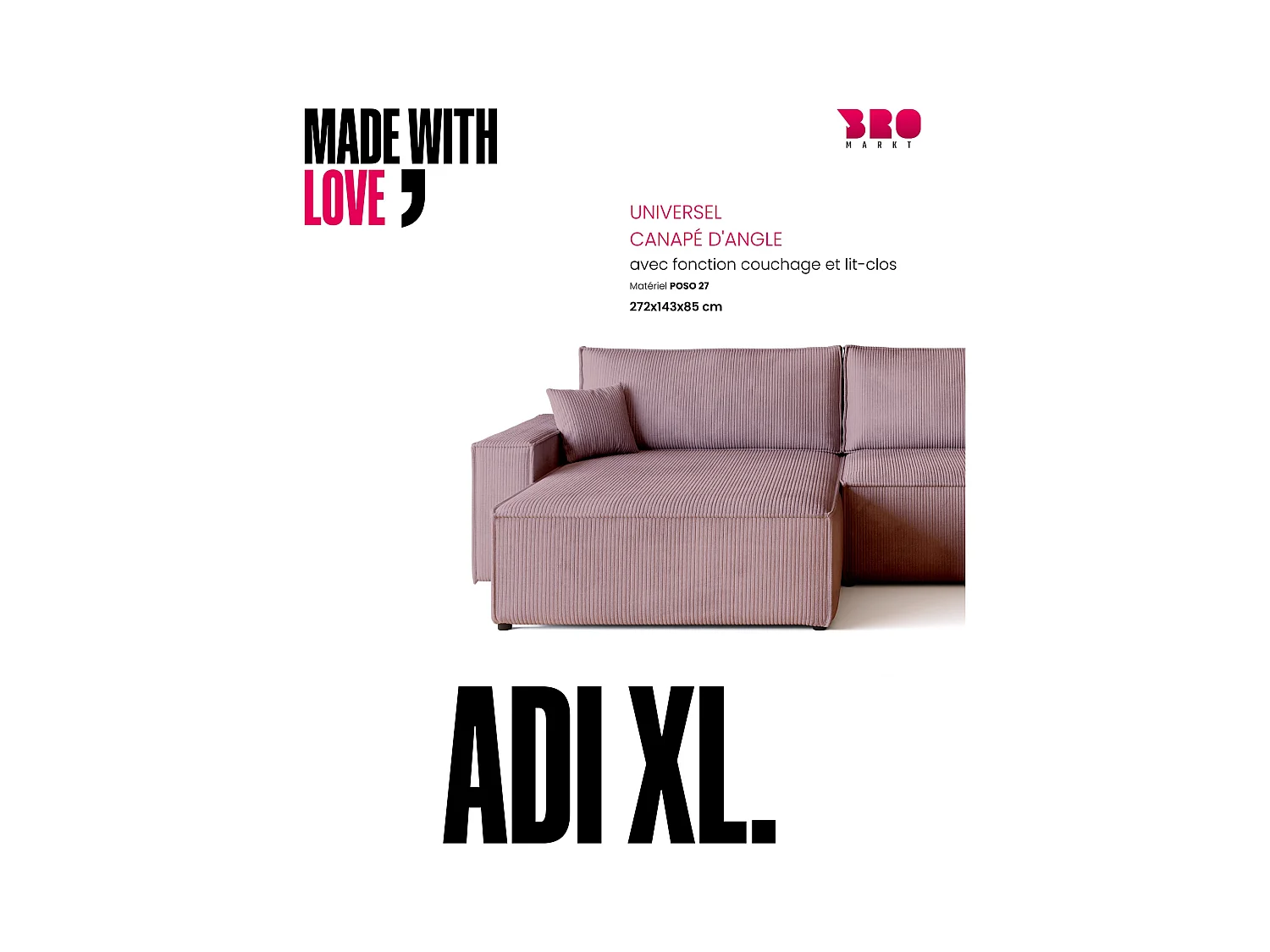 Hoekbank met slaapfunctie roze ADI XL