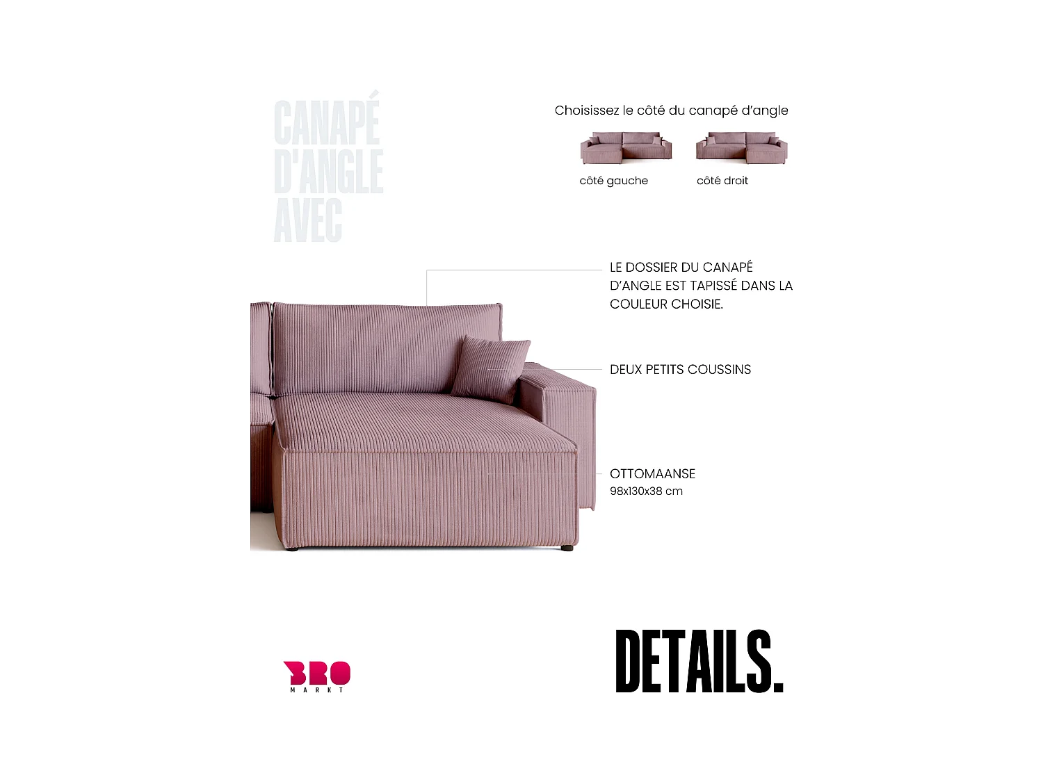 Hoekbank met slaapfunctie roze ADI XL