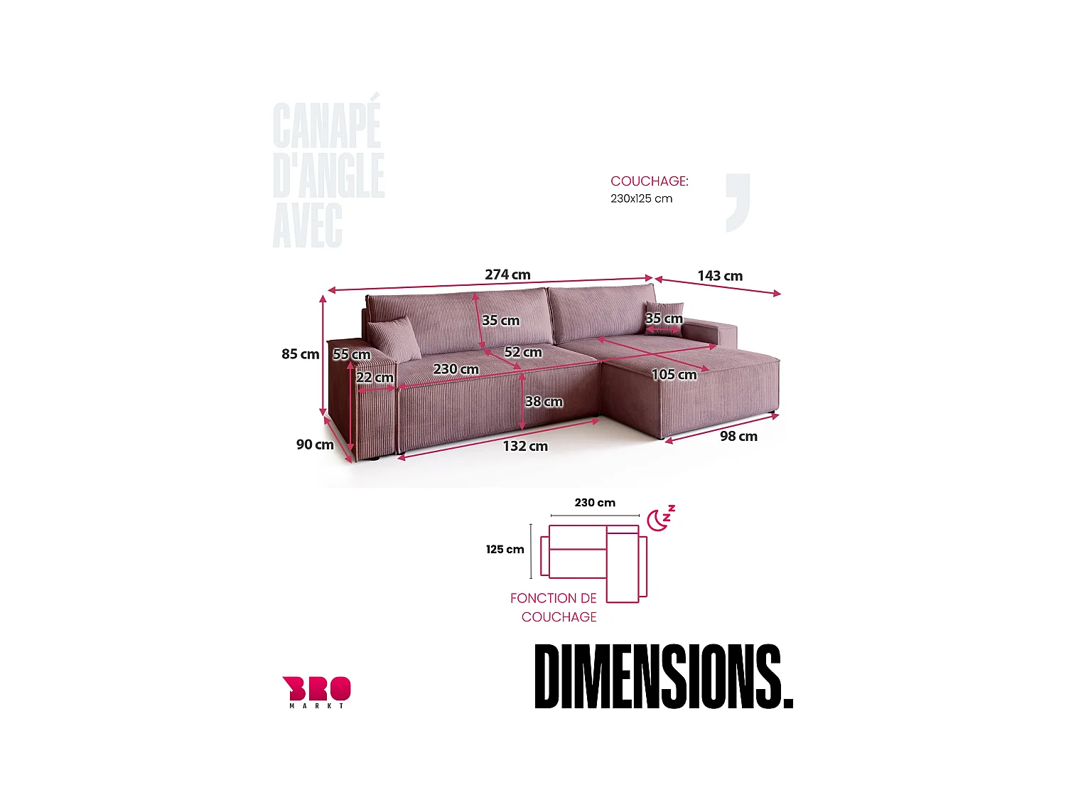 Hoekbank met slaapfunctie roze ADI XL