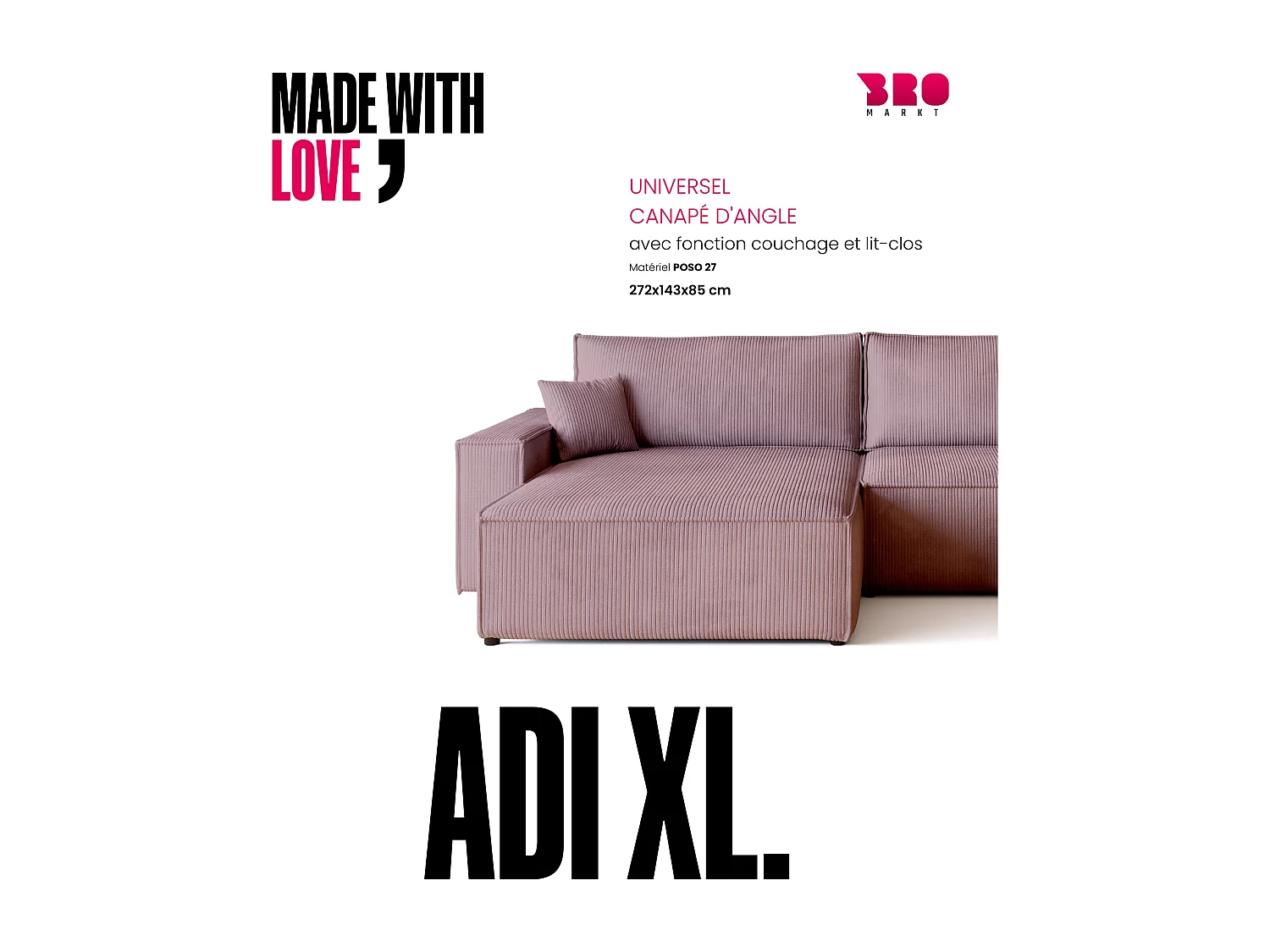 Canapé d'angle convertible en velours côtelé rose ADI XL