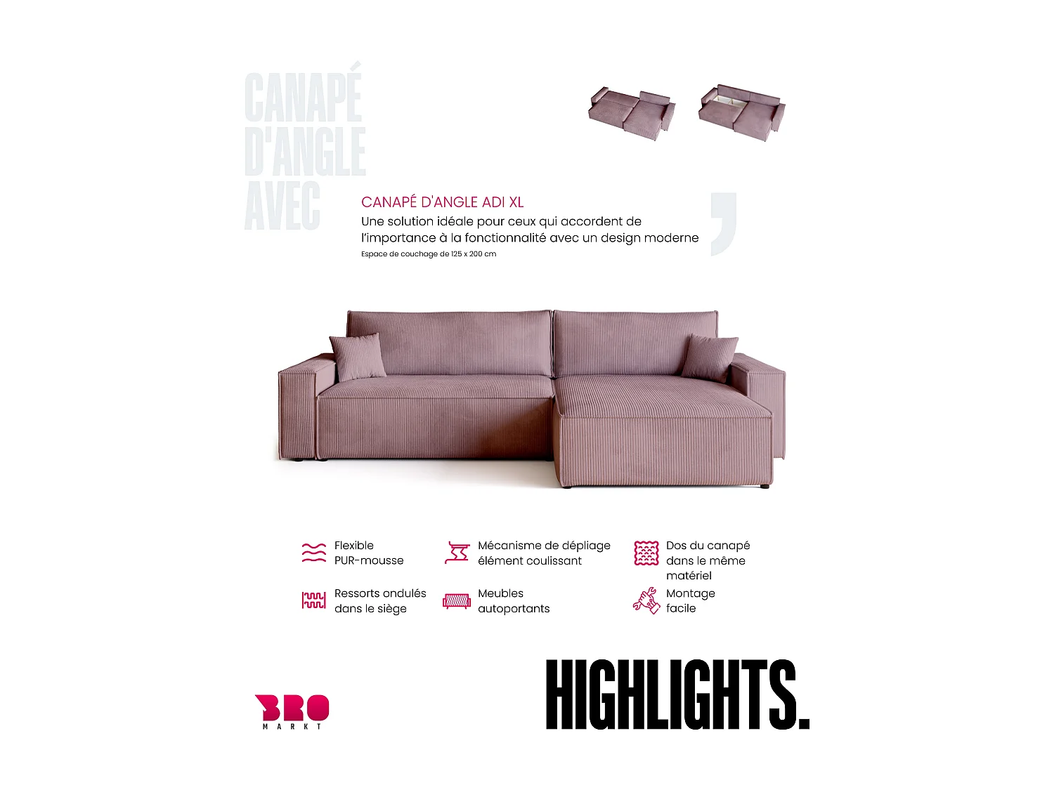 Canapé d'angle convertible en velours côtelé rose ADI XL