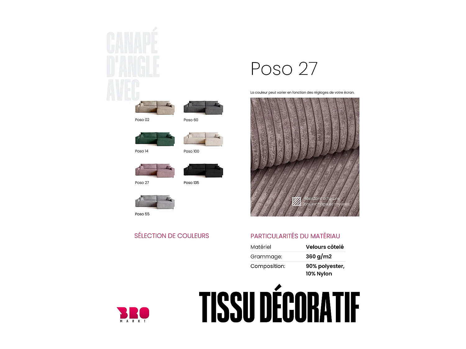 Canapé d'angle convertible en velours côtelé rose ADI XL