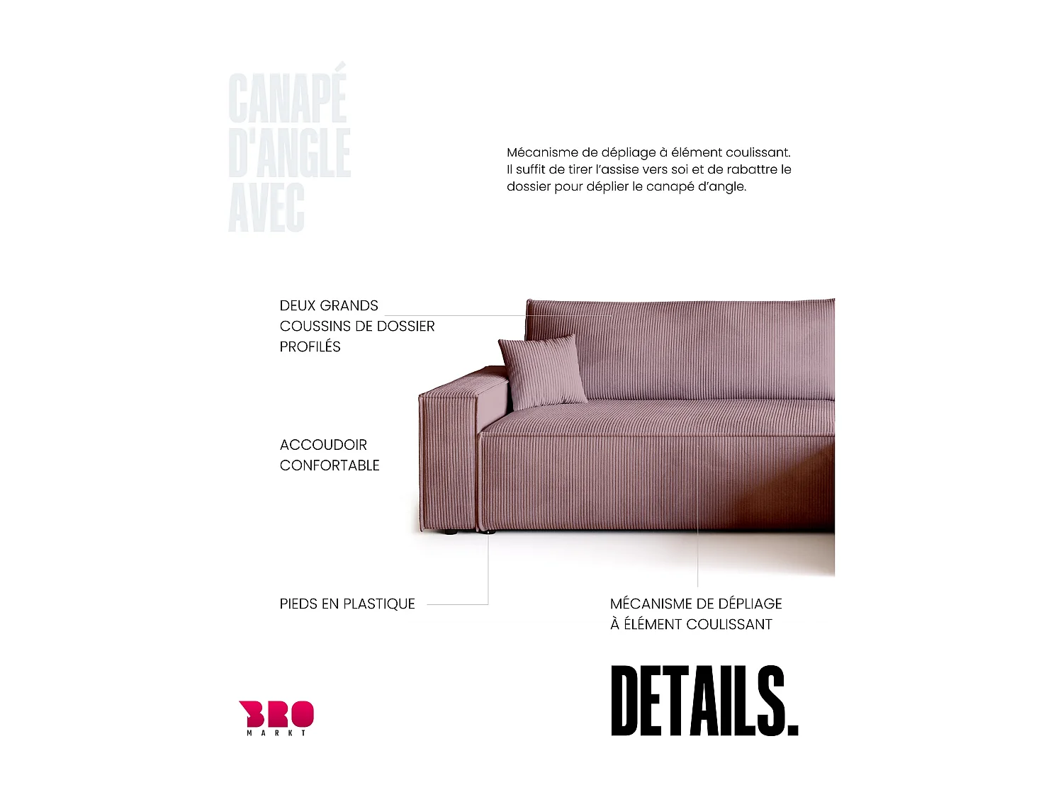 Canapé d'angle convertible en velours côtelé rose ADI XL