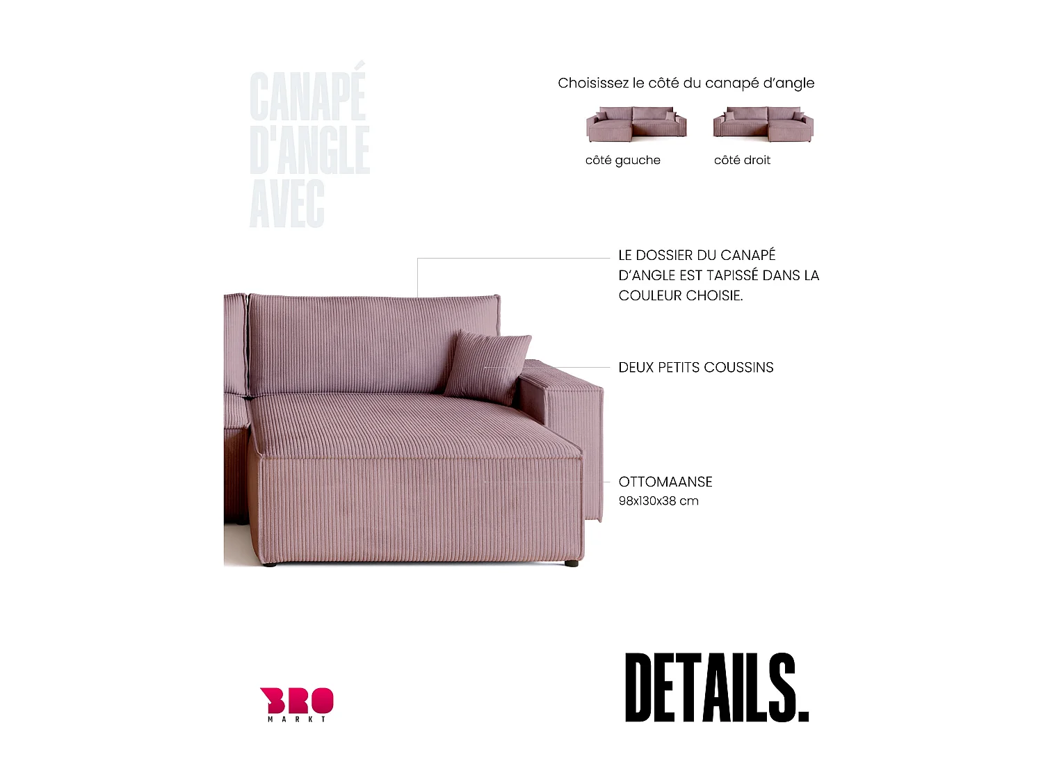 Canapé d'angle convertible en velours côtelé rose ADI XL