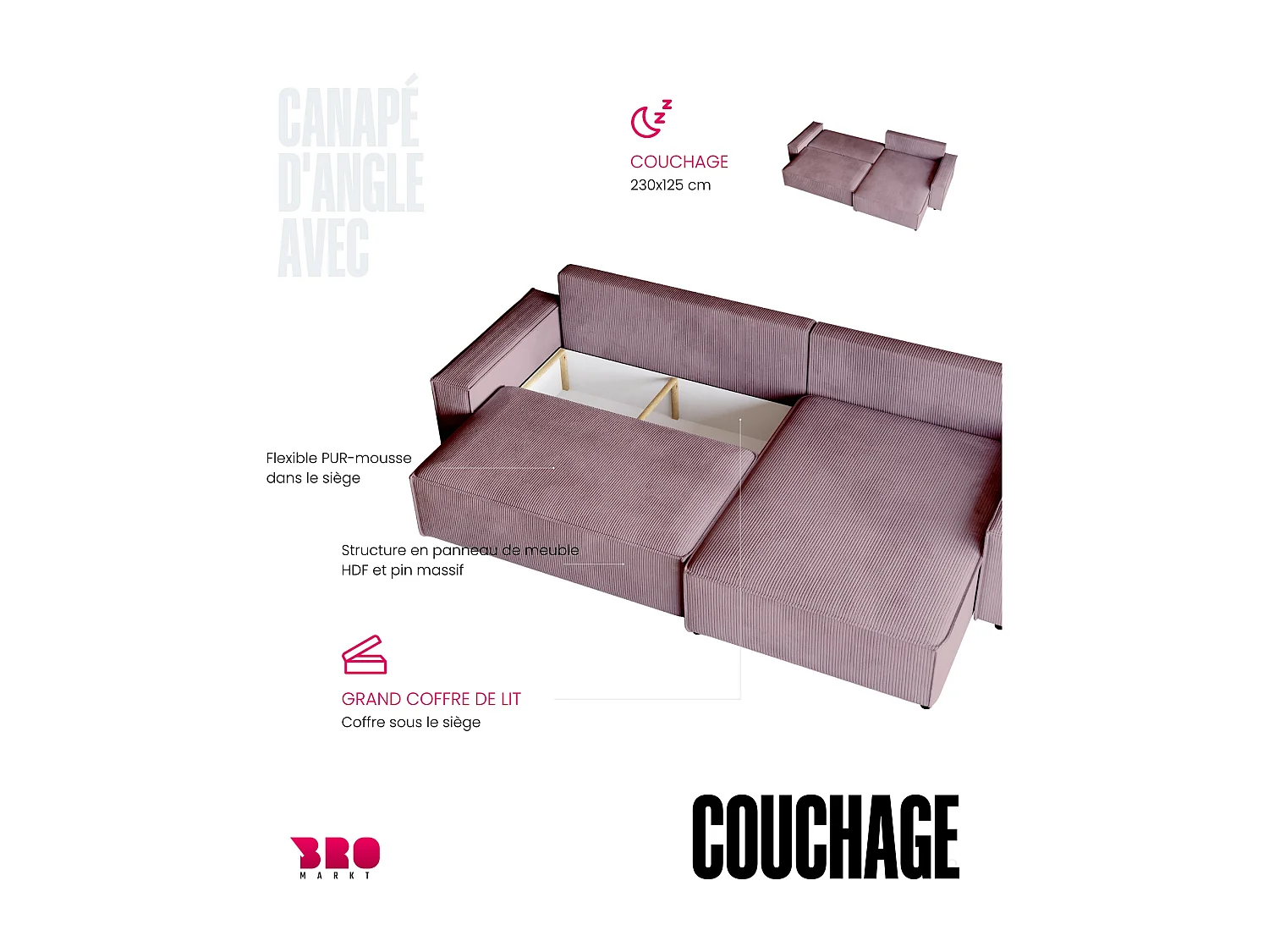 Canapé d'angle convertible en velours côtelé rose ADI XL