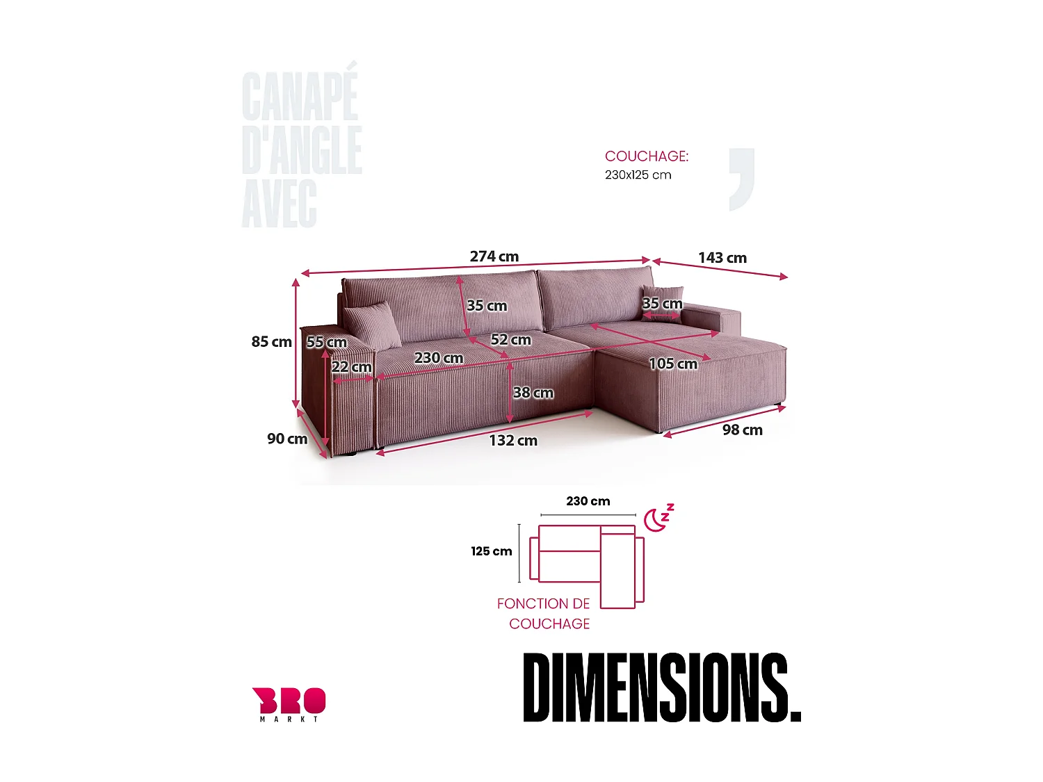 Canapé d'angle convertible en velours côtelé rose ADI XL