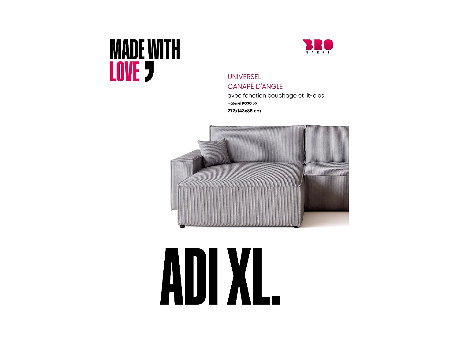 Canapé d'angle convertible en velours côtelé gris clair ADI XL