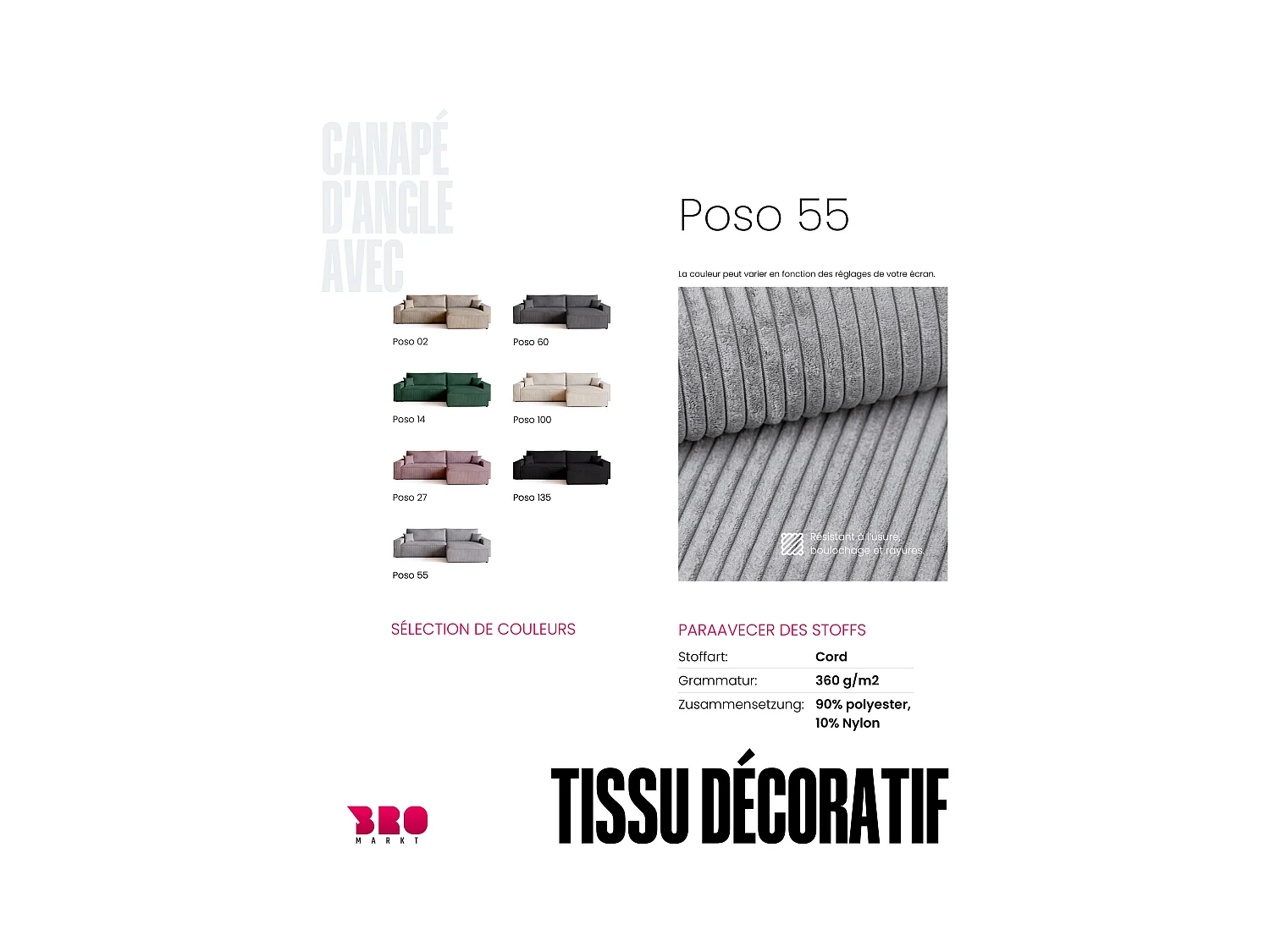 Canapé d'angle convertible en velours côtelé gris clair ADI XL